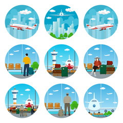 Set of Airport Icons,View on Airplane and Control Tower through the Window from a Waiting Room with People,Airplane Flying in the Sky to the East and West,Luggage Bags,Airplane in the Sky,Vector