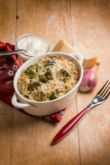 barley gratin with broccoli parmesan cheese and bechamel