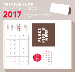 Triangular desk calendar for 2017 year. September 2017. Week starts on Monday. Printable stationery template with place for photo. Vector illustration