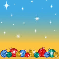 Fototapeta na wymiar Greeting card for the winter holidays. Below a number of bright Christmas tree balls, with snowflakes and stars. Vector background with a golden blue gradient.