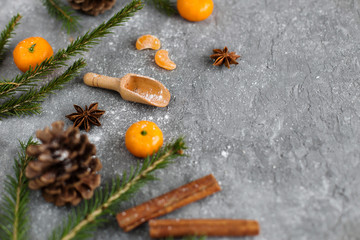 Christmas composition of tangerine, spruce, cones and cinnamon on gray background