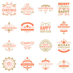 Set of Merry Christmas and Happy New Year Decorative Badges for Greetings Cards or Invitations. Vector Illustration. Typographic Design Elements. Red and Golden Color Theme