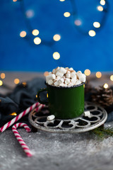 Cocoa with marshmallows in a mug on a background of lights