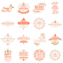 Set of Merry Christmas and Happy New Year Decorative Badges for Greetings Cards or Invitations. Vector Illustration. Typographic Design Elements. Red and Golden Color Theme