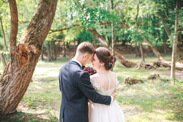 Groom and bride together. couple hugging. Wedding day. Beautiful bride and elegant groom walking after wedding ceremony. Luxury bridal dress and bouquet of flowers. Bride and groom at wedding day