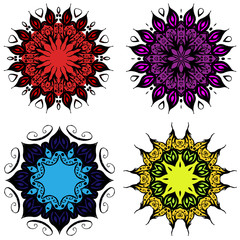 Colored mandala four mandalas set with red, purple, blue and yellow colors