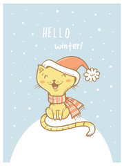 Card with cute cartoon cat  in scarf  and hat. Winter time. Snow day. Little kitten  in clothes. Funny animal. Vector image. Children's illustration.