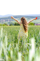 Behind vie of a little girl in a cornfield enjoying beautiful la