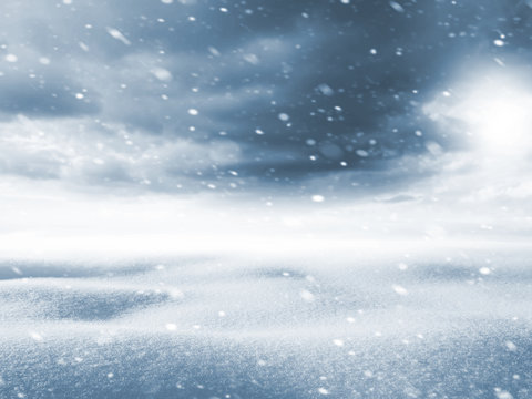 Winter background. Winter landscape with snow field and storm clouds
