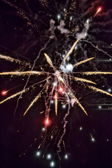 Ein farbenprächtiges Feuerwerk leuchtet am dunklen Nachthimmel bei einer Party