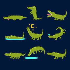 Smiling Friendly Crocodile Cartoon Character And Its Everyday Wild Animal Activities Set Of Illustrations