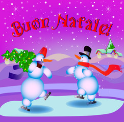 Italian. Merry Christmas, congratulations. Two snowmen skate. Illustration. Background purple, pink.