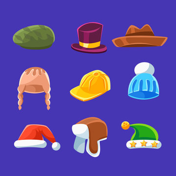 Different Types Of Hats And Caps, Warm And Classy For Kids And Adults Set Of Cartoon Colorful Vector Clothing Items