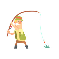 Amateur Fisherman In Khaki Clothes Fighting To Pull Out A Fish Cartoon Vector Character And His Hobby Illustration