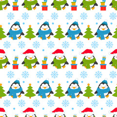 Seamless pattern of penguins in different situations. Background with new year and Christmas cartoon penguins. Vector illustration