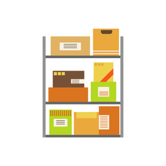 Paper Box Packages Piled In The Warehouse Stored For Later Shipment And Delivery On Metal Shelves