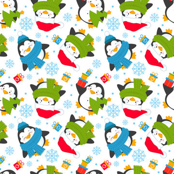 Seamless pattern of penguins in different situations. Background with new year and Christmas cartoon penguins. Vector illustration