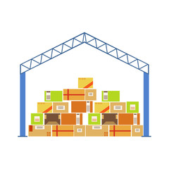 Warehouse Building Metal Roof Construction With Piled Up Paper Box Packages Stored Underneath