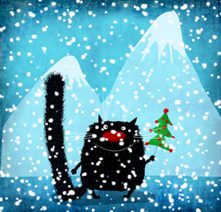 Black Cat Holding Christmas Tree In Snowfall