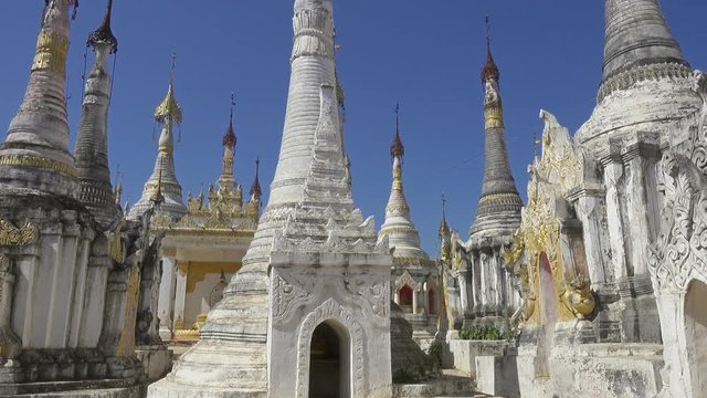Shwe Inn Thein Paya temple complex near Inle Lake in central Myanmar (Burma), panorama 4k

