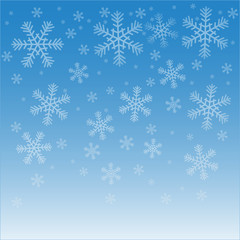 Falling snow on a blue sky background. Vector illustration for your design. Abstract snowflake background. Fall of snow. Snowy elements on winter background. Snowfall and snowflakes in motion
