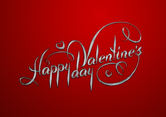 Fototapeta na wymiar Valentines Day card. Slver shining lettering on red background. Happy Valentines Day text.