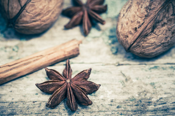 Star anise, cinnamon sticks and walnuts