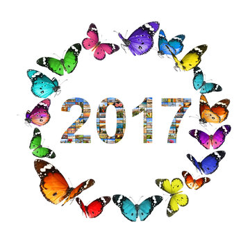 Round Frame Pattern Designed space of colorful butterflies flying. 2017 New year made of Mediterranean seasides. Year-round summer vacation concept. Art design. Objects isolated on white