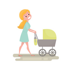 Mom pushing her baby in a stroller . Young woman with little baby on the walk. Mother character isolated. Vector Illustration Baby care concept.