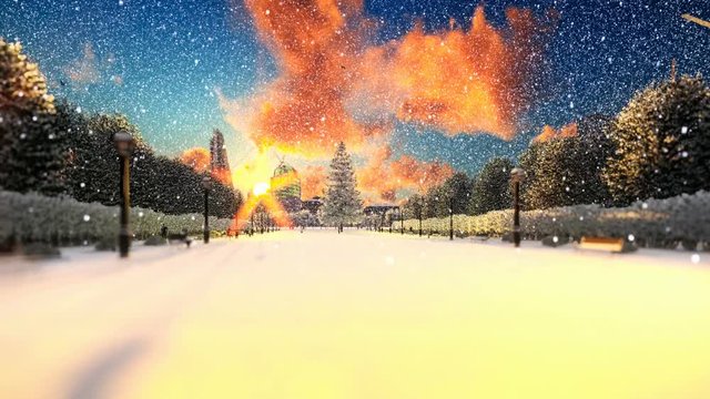 Park alley, winter holidays background