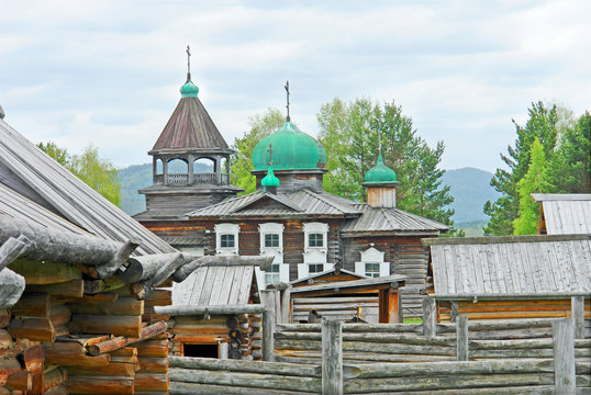 Open-air ethnographic museum of wooden architecture in Talcy on Russian Syberia
