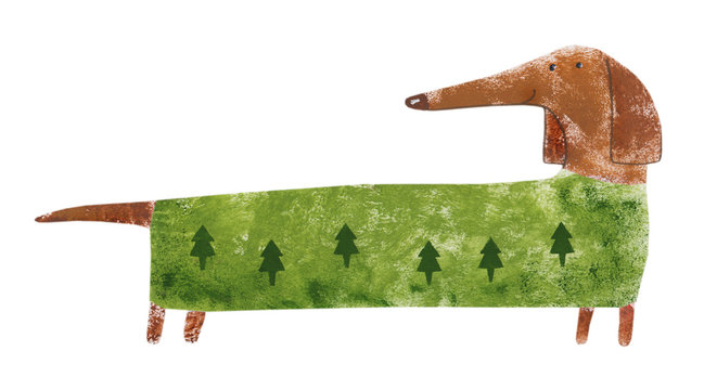 Dachshund in suit with Christmas trees. Hand drawing illustration