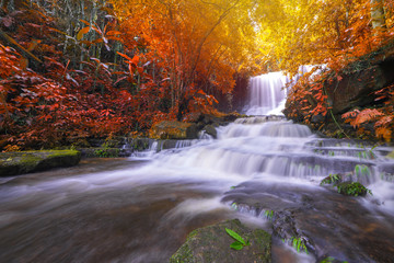 Plakat beautiful waterfall in rainforest at phu tub berk mountain phet
