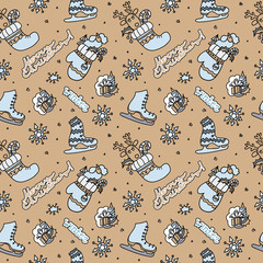 Seamless Christmas pattern. Doodle with a rooster, head of deer, horses, candle gift. Lettering Merry Christmas, Winter. Pastel colors.