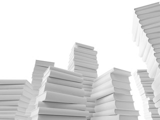 White mountains of books on a white background. 3D illustration