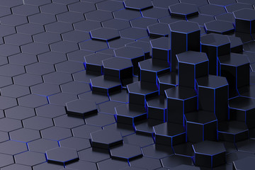 Dark abstract 3d-rendering background of futuristic surface with hexagons. 3D illustration