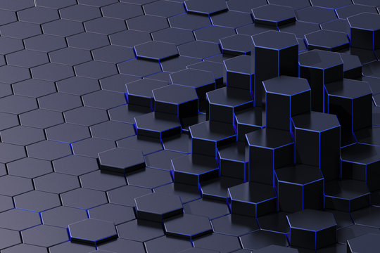 Dark abstract 3d-rendering background of futuristic surface with hexagons. 3D illustration © Sergey Naumov