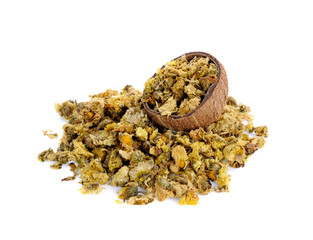 Dried chrysanthemum flowers in wood bowl isolated on white backg