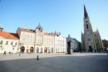 Novi Sad is the second largest city in Serbia, the capital of the province of Vojvodina. City center with monuments and public stores. 