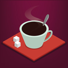 Hot coffe cup with sugar. Isometric illustration for your food design.