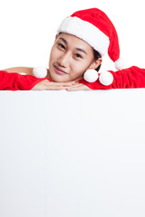 Asian Christmas Santa Claus girl with blank sign.