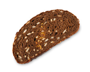 Slice of whole grain rye bread isolated on white background
