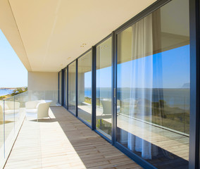 Architecture, beautiful interior of a modern villa, view from veranda - obrazy, fototapety, plakaty