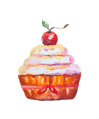 Watercolor painted cupcake with cream.