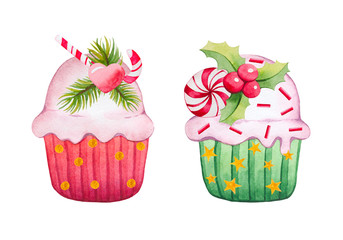 Two watercolor Christmas cupcakes.