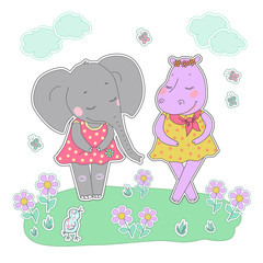 Hippo and elephant girls with closed eyes having a flower wreath on the head
