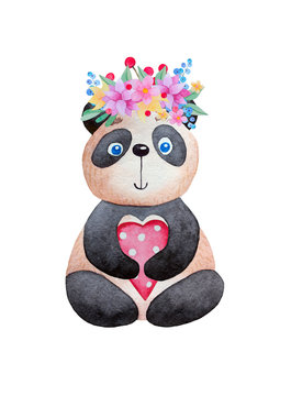 Watercolor panda with flowers and heart.