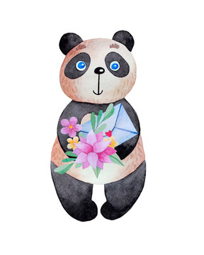 Cartoon panda with flowers and envelope.