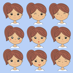 Beautiful woman showing various facial expressions. Happy, sad, angry, cry, smile. Cartoon girl icons set isolated on blue background. Vector illustration for avatars and another use