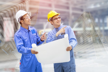 Architect and foreman construction worker taking about new project, holding a blueprint and explaining the tasks detail